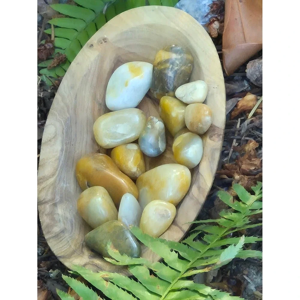 Handcrafted Rustic Olive Wood Oval Bowl w/ PNW Carnelian Agates & Yellow Jasper